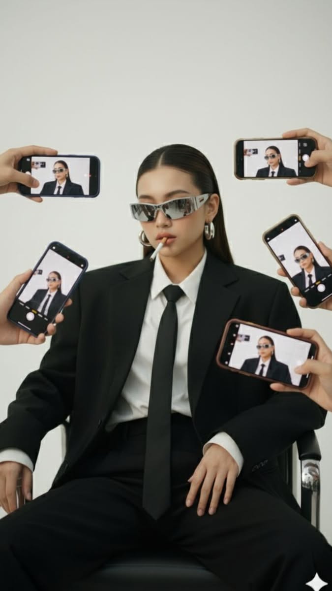 019 - Suit đen đeo kính cùng điện thoại chụp ảnh
