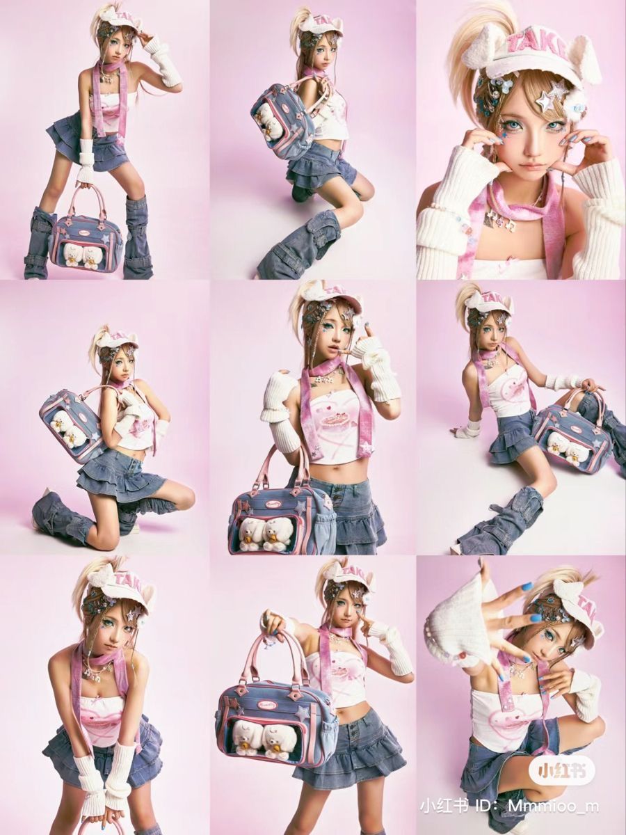 022 - Trang phục denim mũ lưỡi trai phông hồng