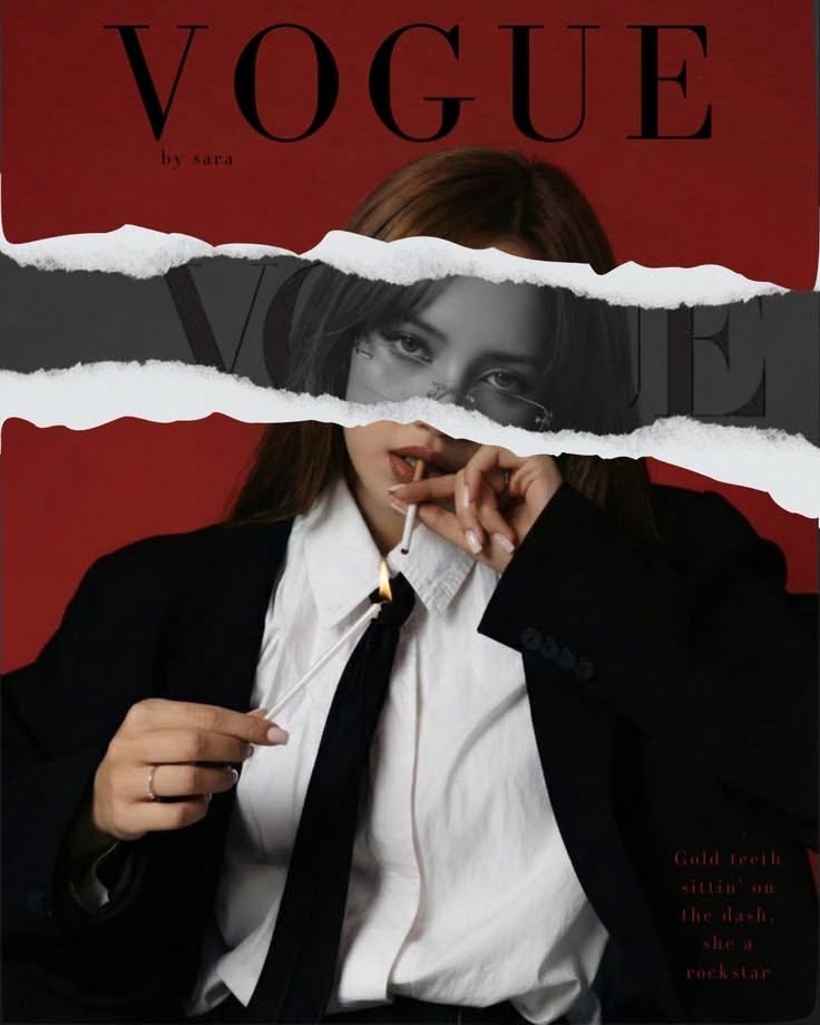 090 - Bìa Vogue đỏ rách giấy cùng suit đen