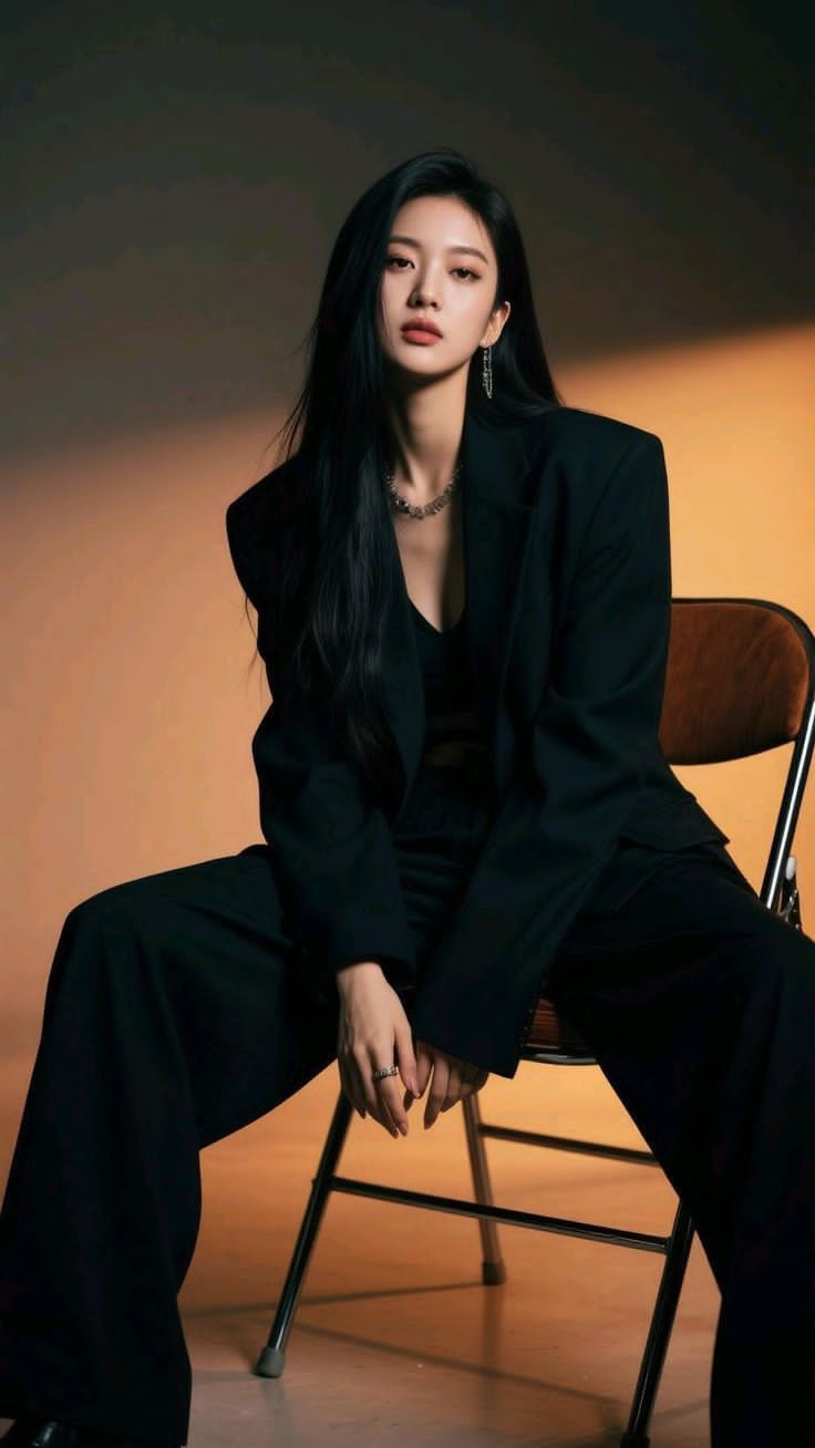 091 - Suit đen tạo dáng trên ghế nền cam ấm