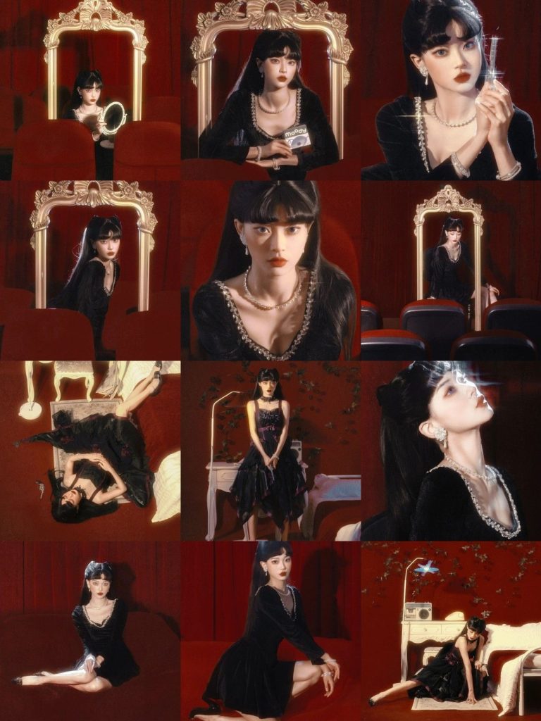 156 - Váy áo gothic đỏ đen cùng khung tranh