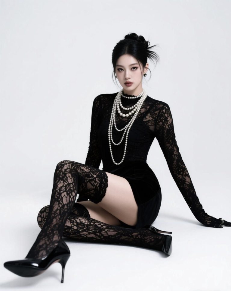 193 - Bodysuit ren đen và boots cao cổ