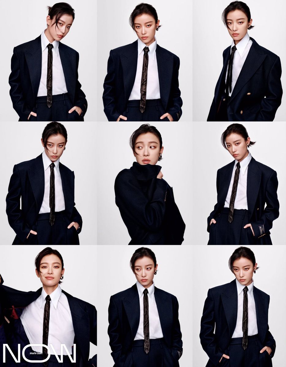265 - Bộ suit đen cà vạt lookbook nữ nền trắng